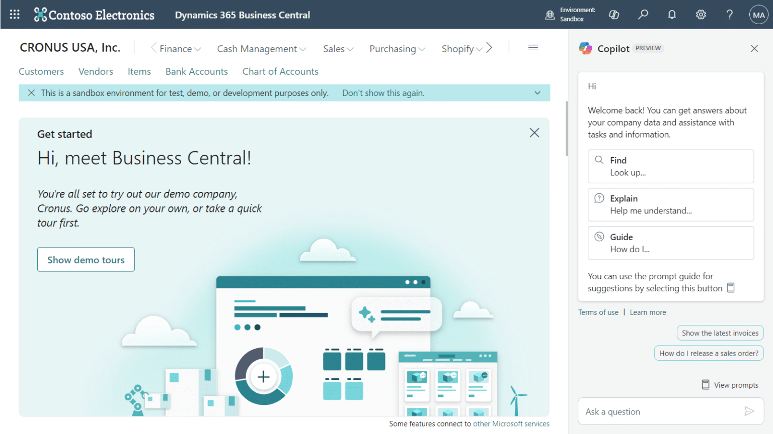 A screenshot showing how to use 'Ask Copilot' in Business Central.