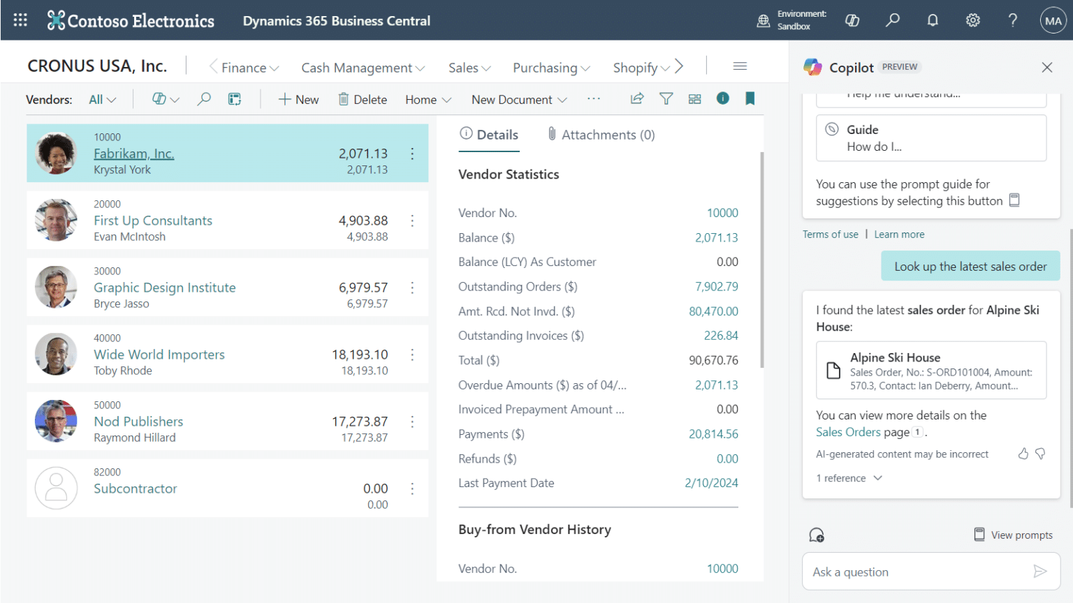 A screenshot showing how to use 'Ask Copilot' to find the latest sales order in Business Central.