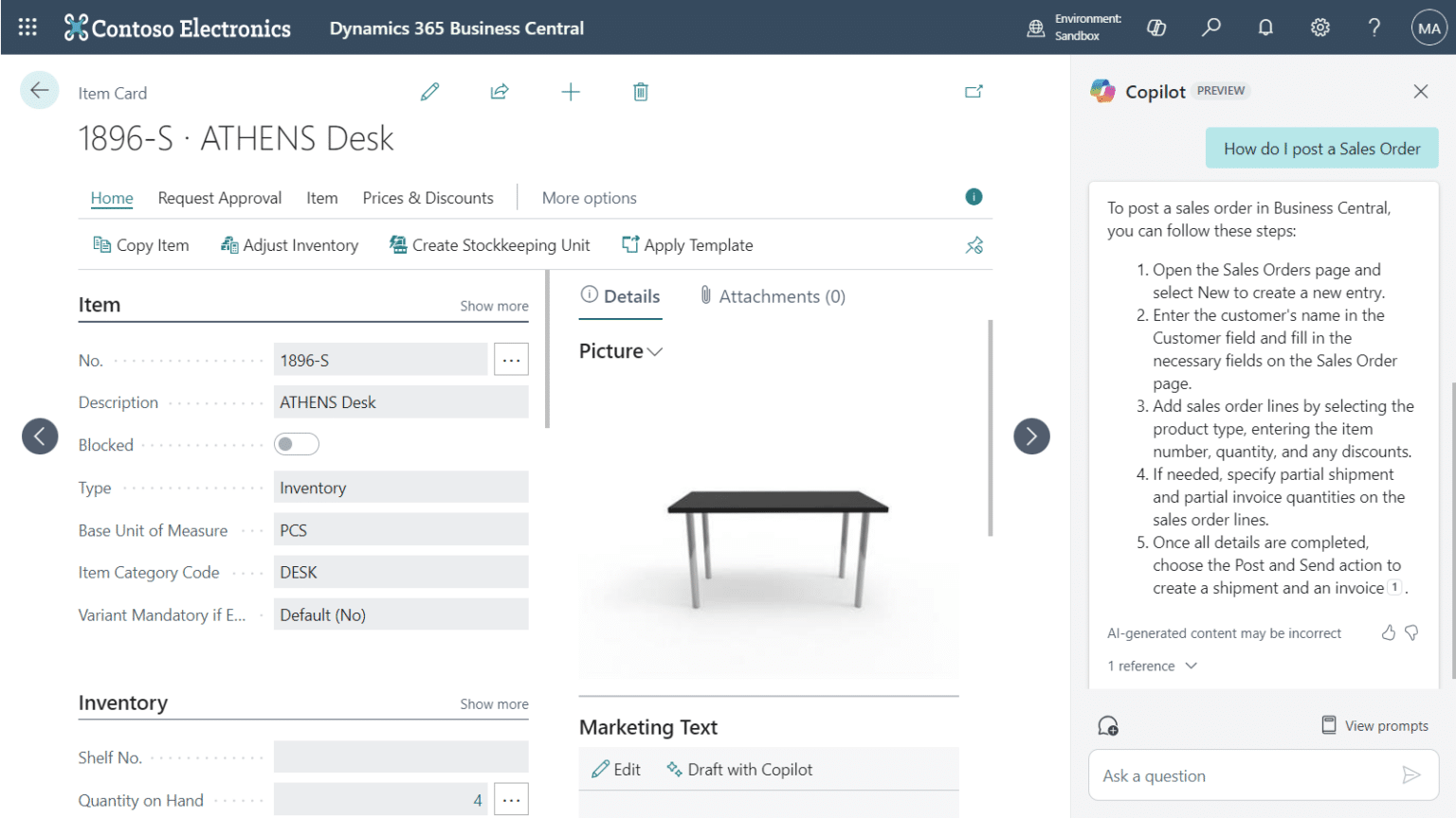 A screenshot showing how to use 'Ask Copilot' to provide step-by-step guidance to posting a sales order in Business Central.