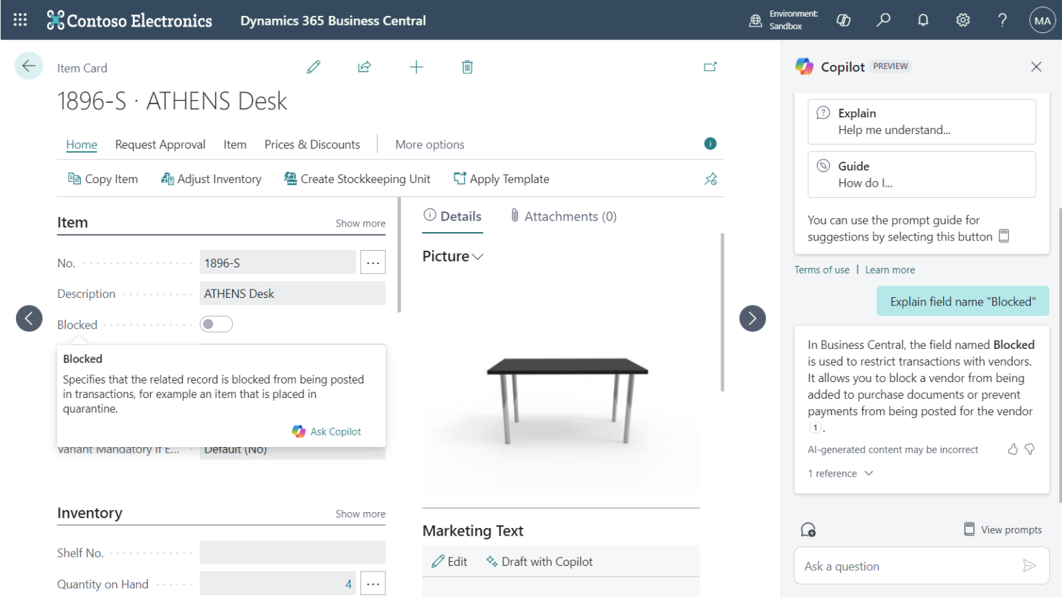 A screenshot showing how to use 'Ask Copilot' to explain a field on the Item Card in Business Central.