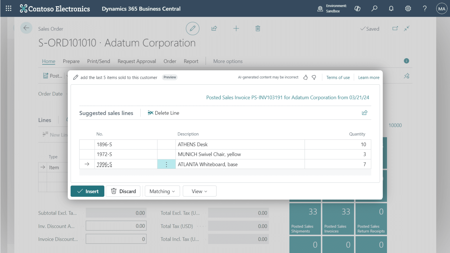 A screenshot showing Copilot creating sales lines based on user input in Business Central.