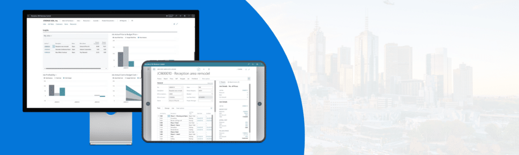 An image featuring Melbourne city in the background, with a computer displaying the Microsoft Dynamics 365 Business Central insights screen and an iPad showing the Business Central job card screen in the foreground.