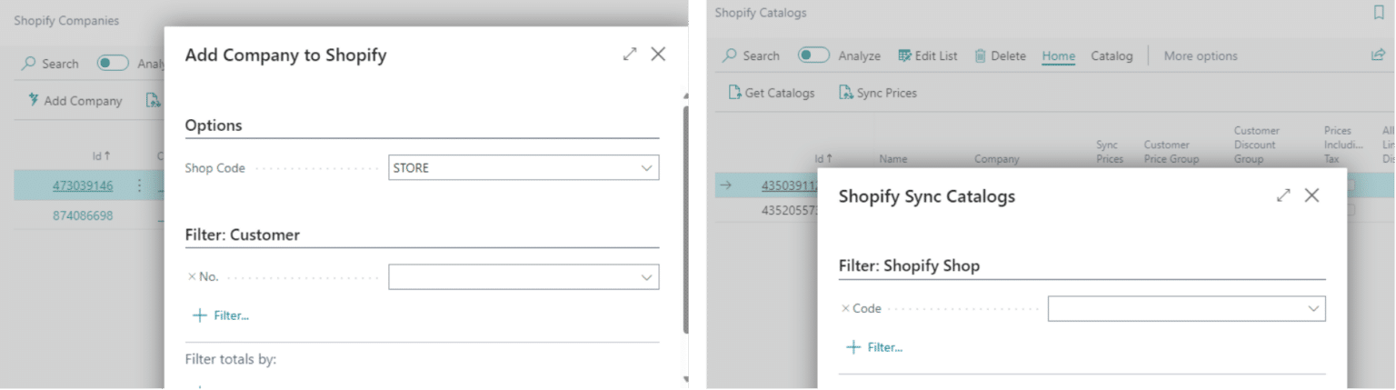 Screenshots of 'Add Company to Shopify' and 'Shopify Sync Catalogs' feature